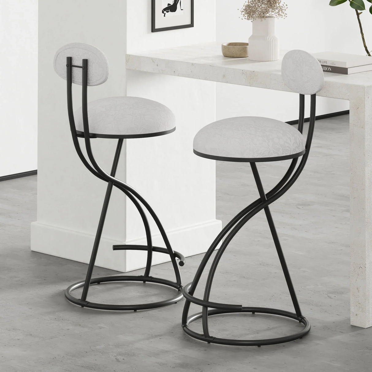 Round Print Bar Stools Upholstered Chairs For Kitchen (Set of 2) - Furniture Home Direct
