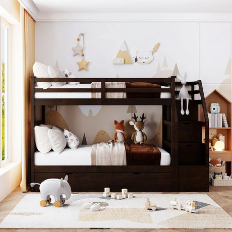 Twin Over Twin Bunk Bed With Twin Size Trundle And 3 Storage Stairs - Espresso - Furniture Home Direct