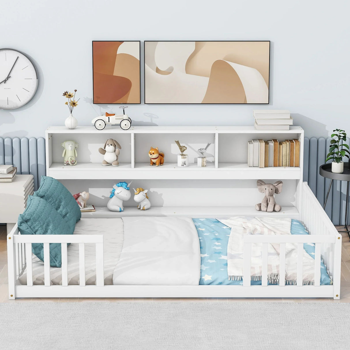 Floor Bed With Side Bookcase, Shelves, Guardrails - Furniture Home Direct