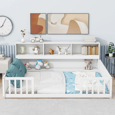 Floor Bed With Side Bookcase, Shelves, Guardrails - Furniture Home Direct