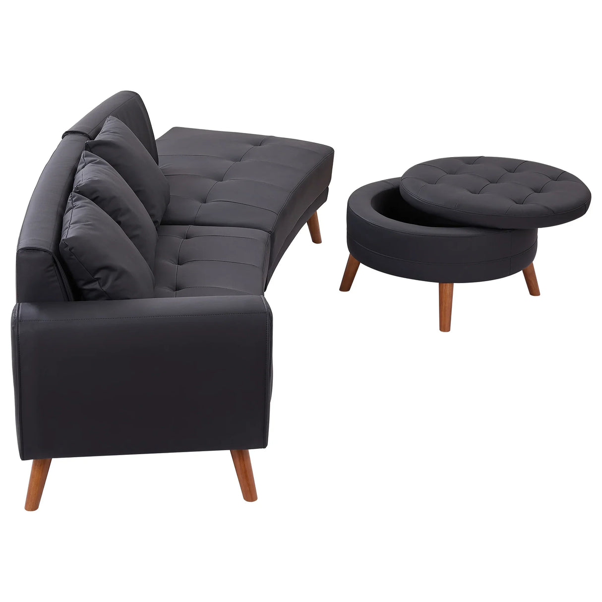 107 Inch Black Sectional With Round Storage Ottoman - Furniture Home Direct