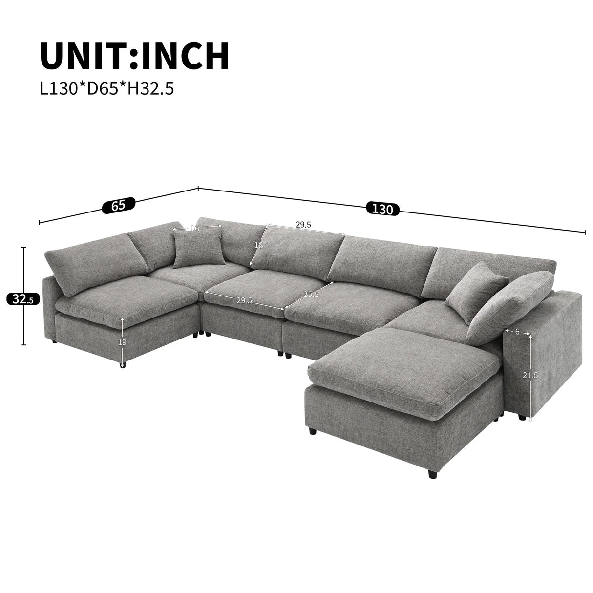Modern Modular Cloud Sofa Bed, 6 Seat Chenille Sectional Couch Set With Ottoman, Free Combination, Convertible U Shaped Sleeper Sofa For Living Room - Furniture Home Direct
