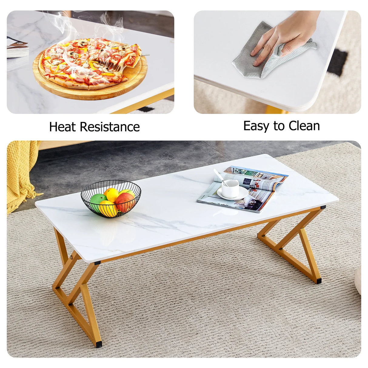 Coffee Table Marble Top Contemporary With Gold Frame White - Furniture Home Direct