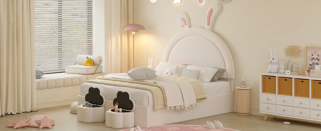 Rabbit-Shaped Bed for Kids Upholstered Full-Size White - Furniture Home Direct