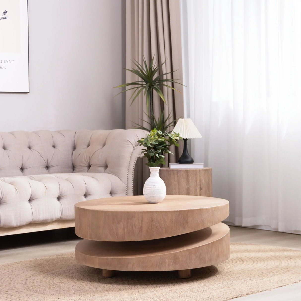Modern Round Wood Coffee Table, Accent Table For Living Room - Antique Natural / Natural / Rustic - Furniture Home Direct