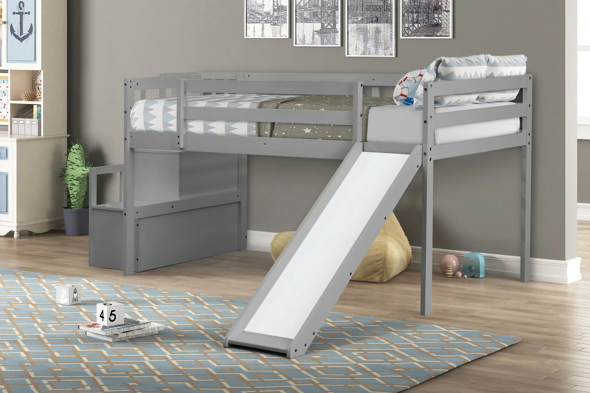 Loft Bed With Staircase, Storage, Slide, Full-Length Safety Guardrails, No Box Spring Needed - Furniture Home Direct