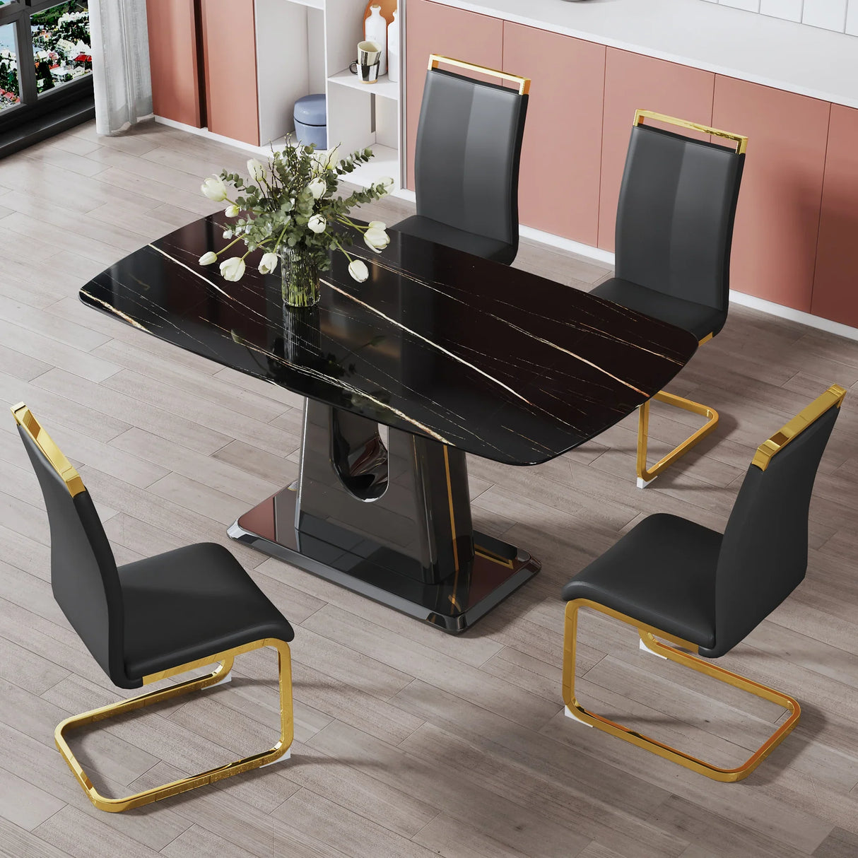 Dining Table With Imitation Marble Top, Modern Black - Furniture Home Direct