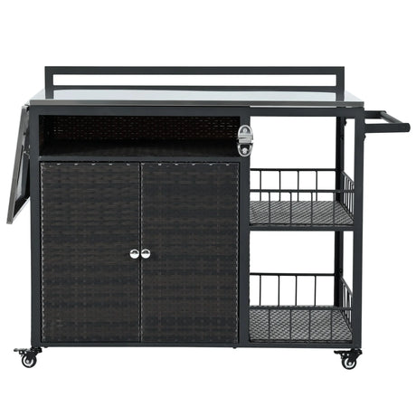 Outdoor Kitchen Island With Storage, Cooking Station, Grill Cart, Foldable Tabletop, And Bottle Opener - Dark Brown - Furniture Home Direct
