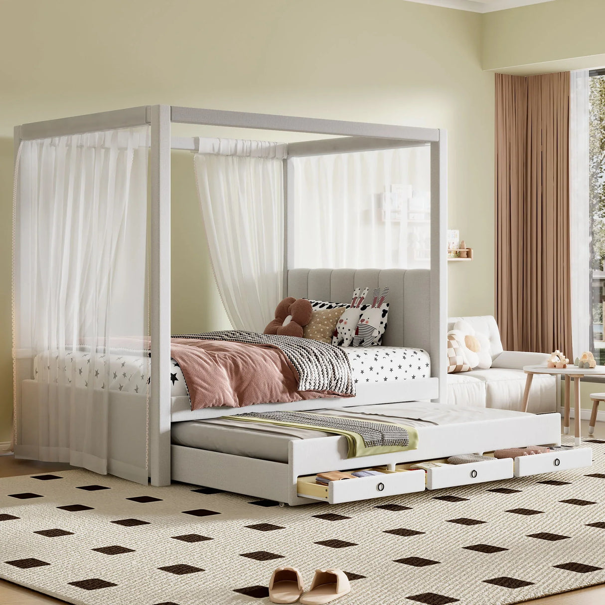 Upholstery Canopy Platform Bed With Trundle And Three Storage Drawers - Furniture Home Direct