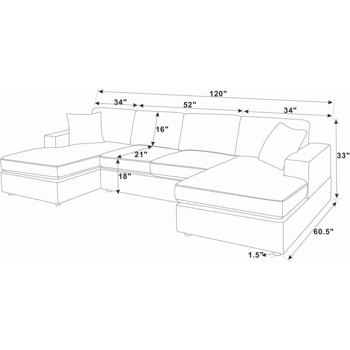 3 Piece Corduroy Double Chaise Sectional Sofa - Furniture Home Direct