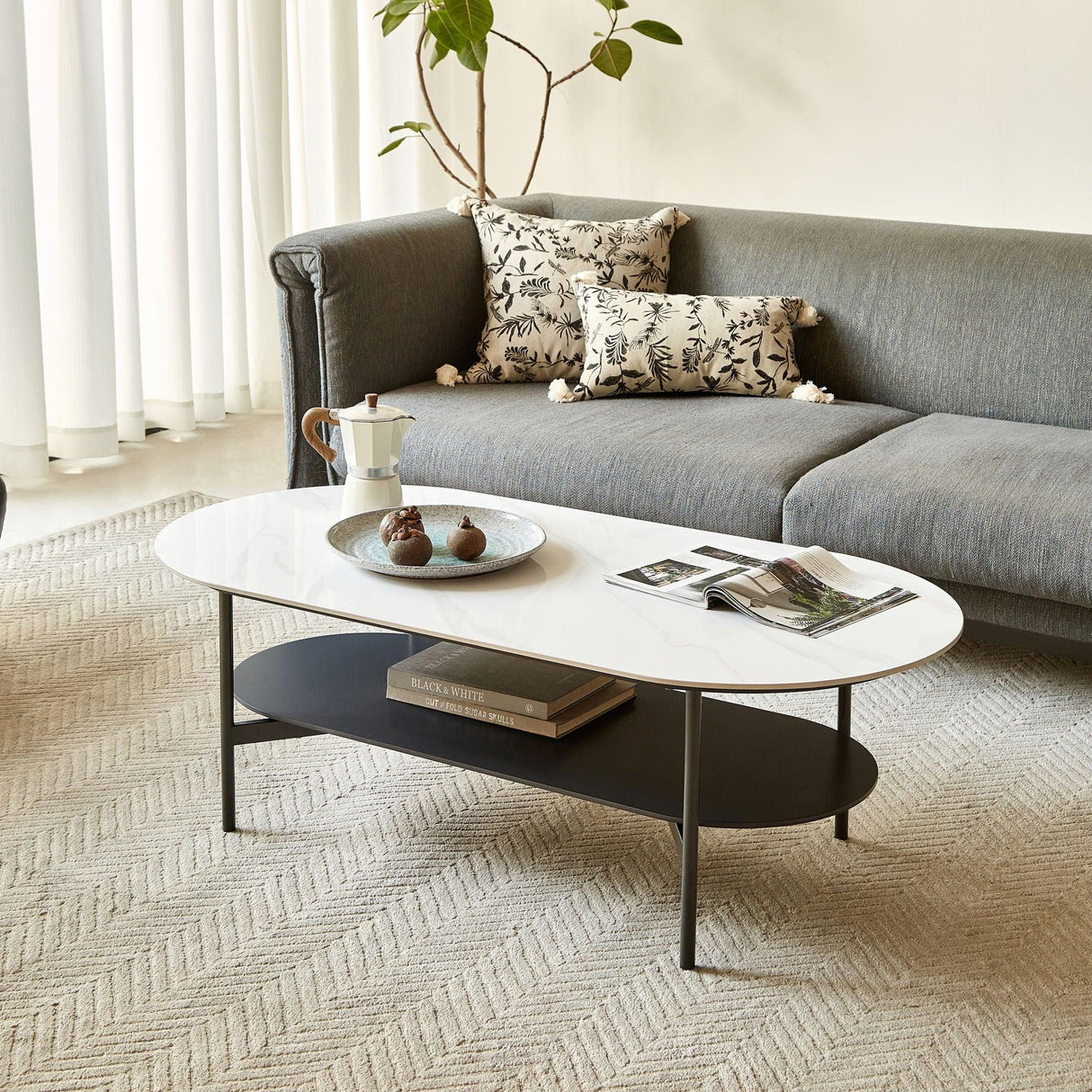 Contemporary Coffee Table Sintered Stone Surface With Ceramic Finish Double Layer Design Base Matte Shelf Modern Living Room Center Table - White / Gray - Furniture Home Direct