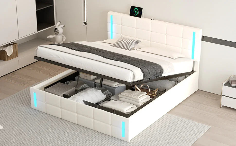 Storage Bed With LED Lights And Hydraulic Lift White - Furniture Home Direct