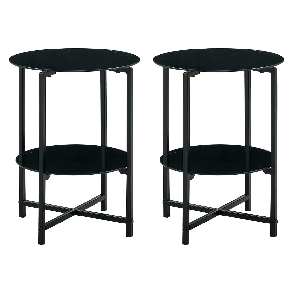 JWS Tempered Glass End Table (Set of 2), Round Coffee Table For Bedroom Living Room Office - Black - Furniture Home Direct