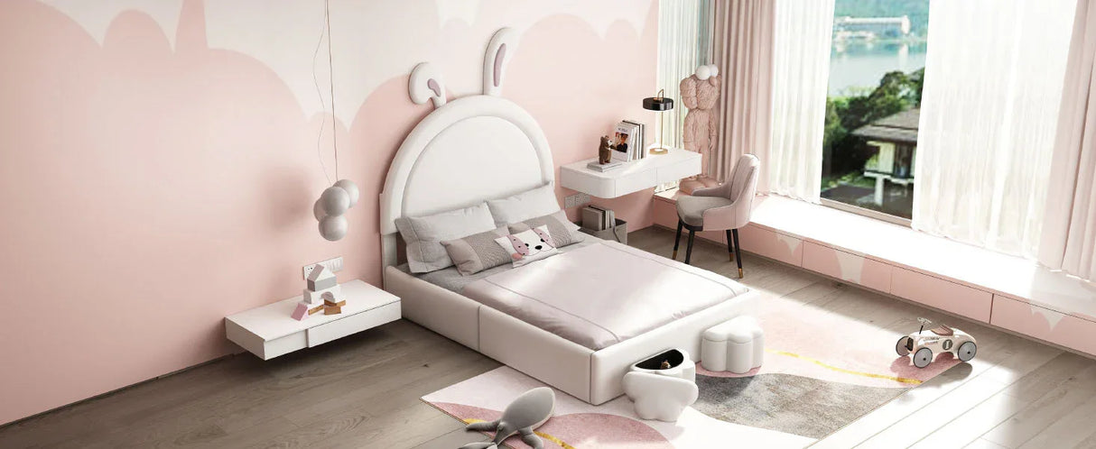 Rabbit-Shaped Bed for Kids Upholstered Full-Size White - Furniture Home Direct