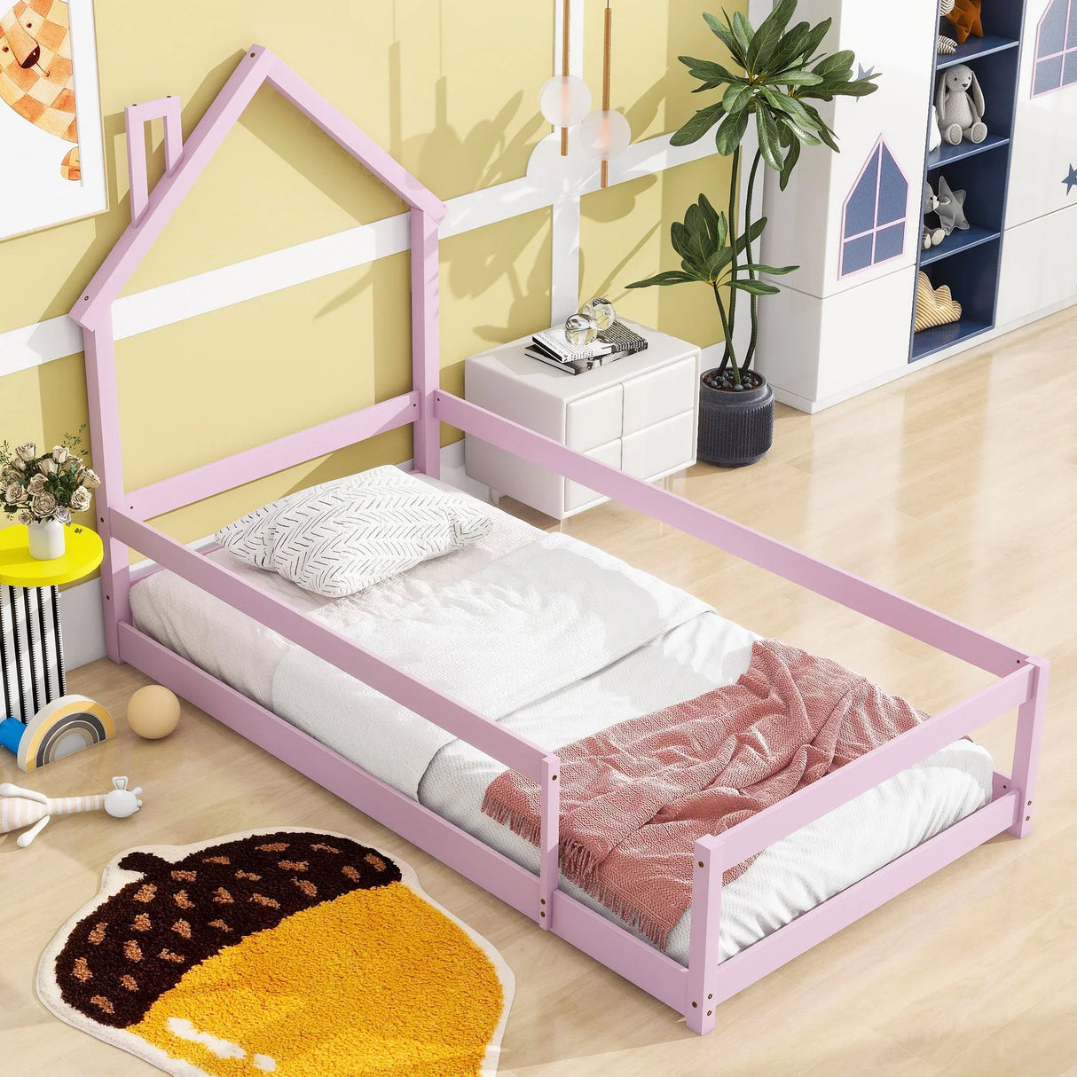Wood Bed With House Shaped Headboard Floor Bed With Fences - Furniture Home Direct