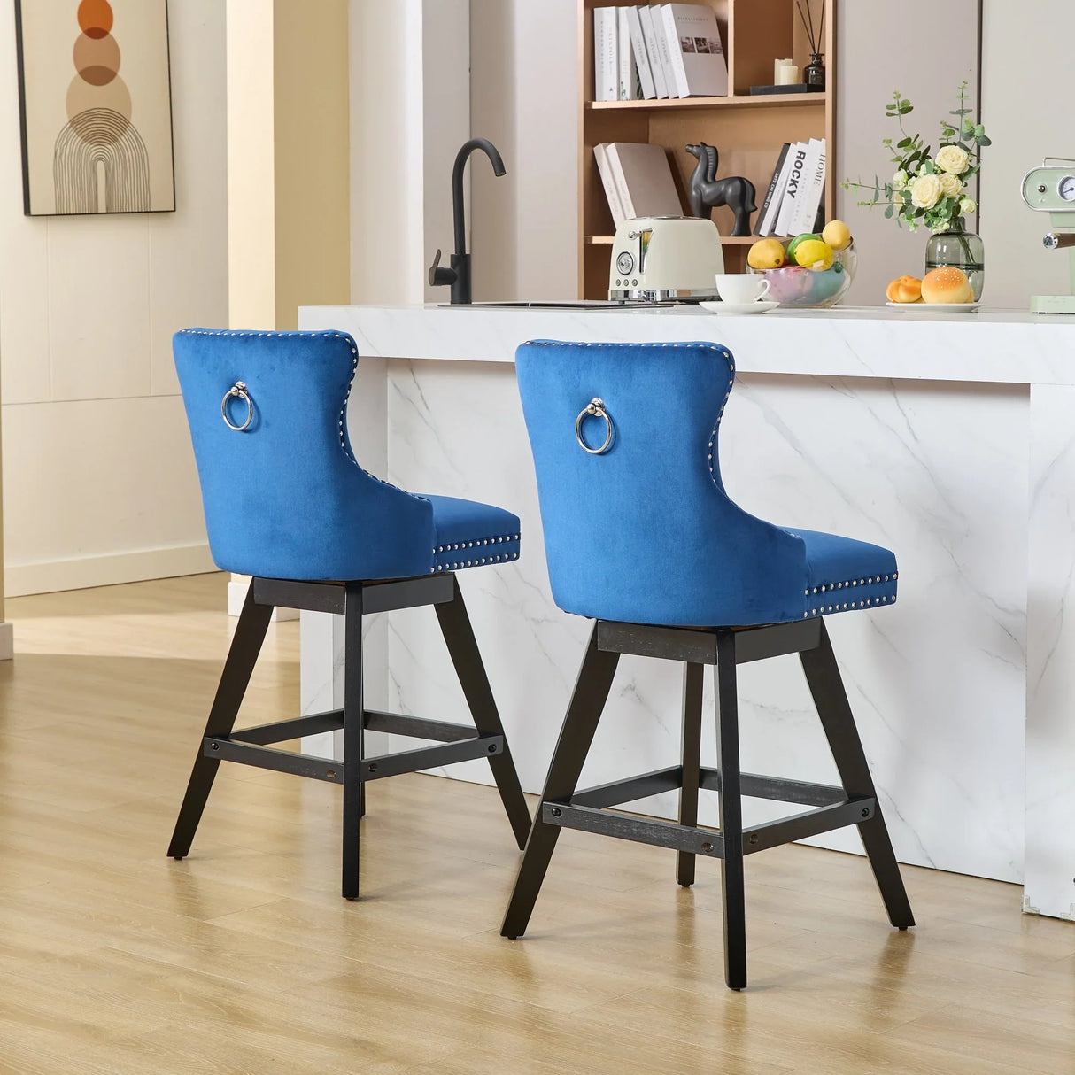 Bar Stools Swivel Velvet Tufted Nailhead Trim Set of 2 Blue - Furniture Home Direct