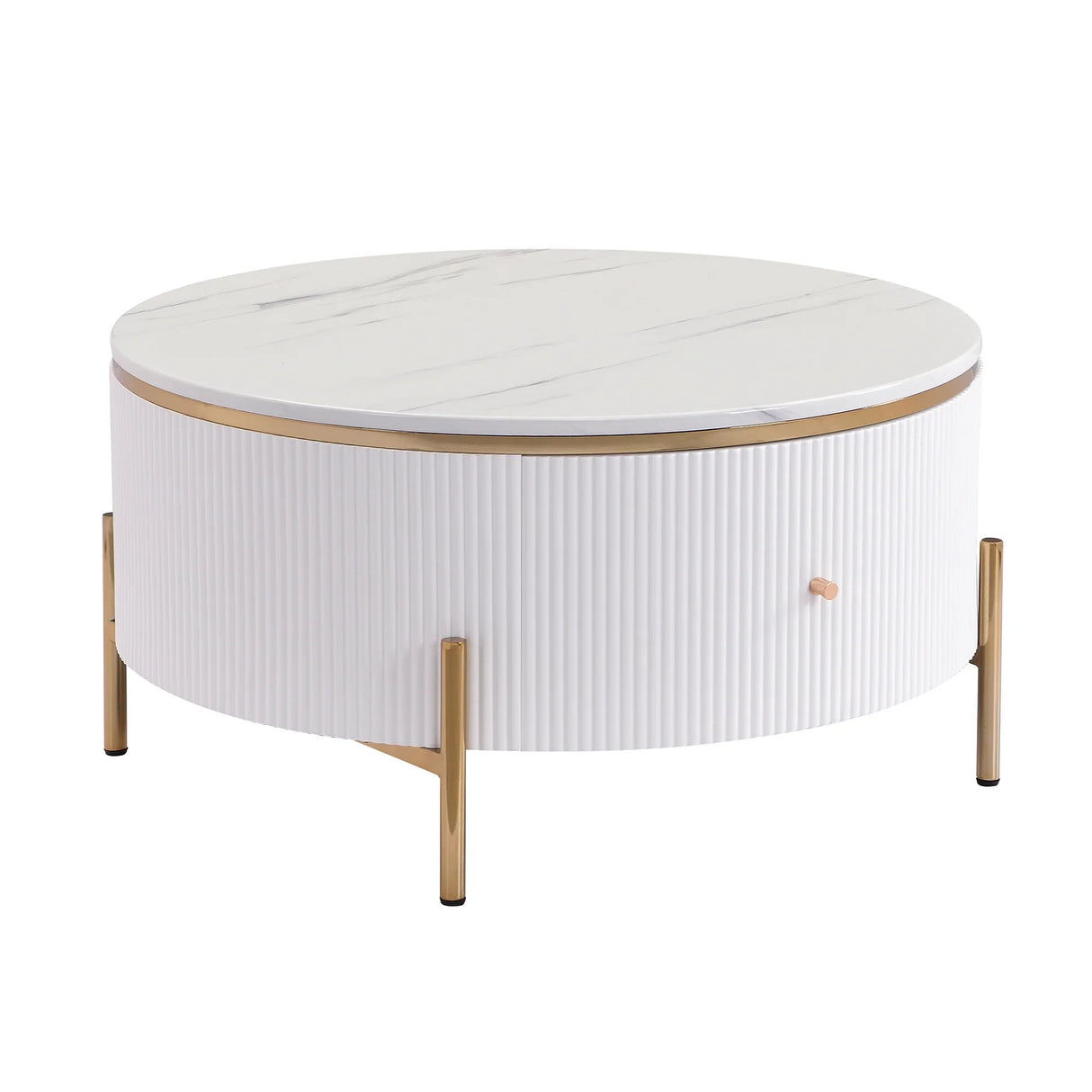 Round Coffee Table with Drawers and Gold Accents White - Furniture Home Direct