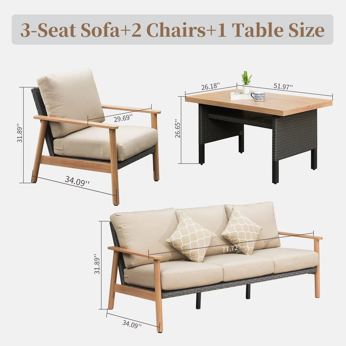 4 PC Outdoor Wicker with Aluminum Frame Set - Beige - Furniture Home Direct