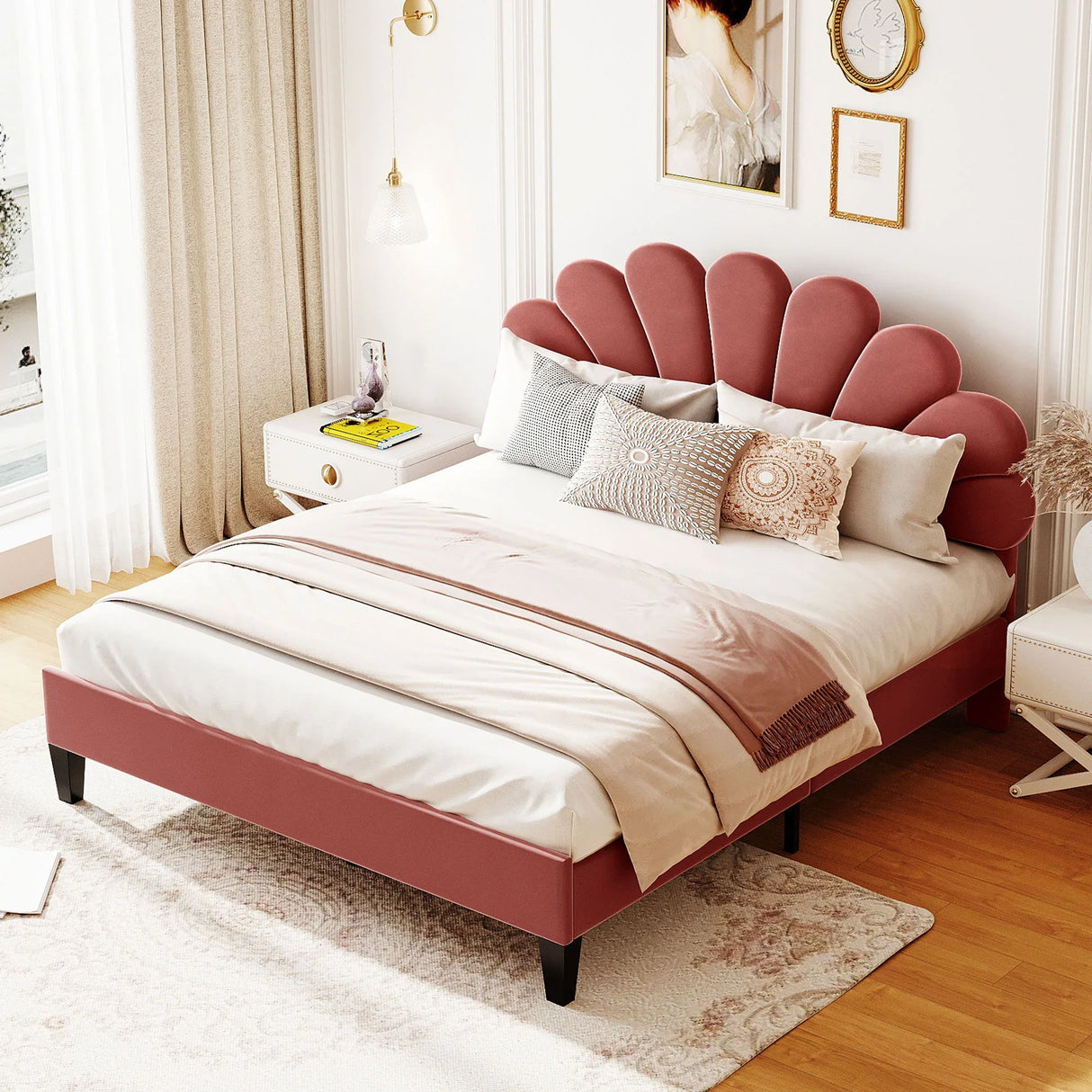 Upholstered Platform Bed With Flower Pattern Velvet Headboard - Furniture Home Direct