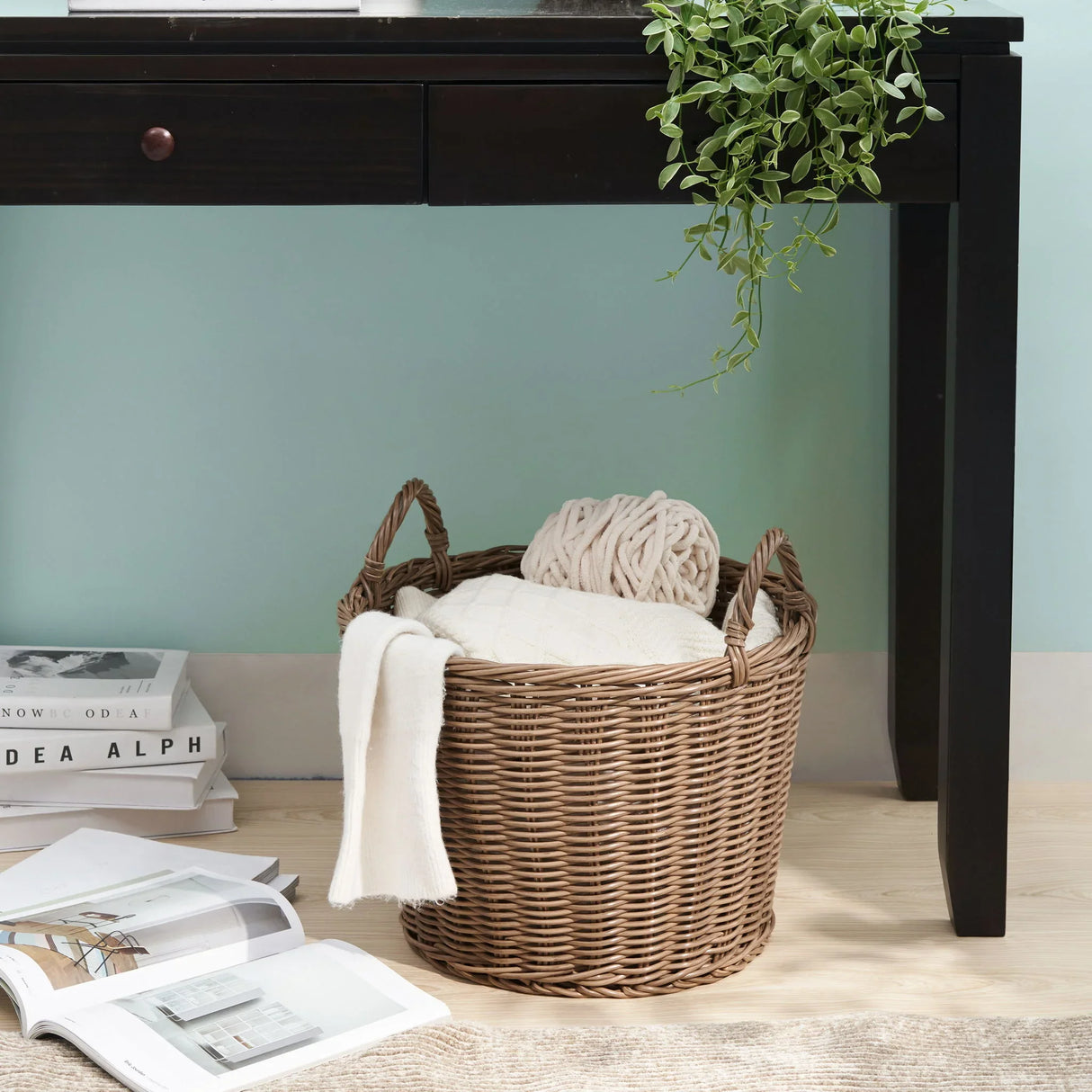 Round Cone Woven Resin Wicker Basket With Handles For Versatile Storage - Walnut Brown - Furniture Home Direct