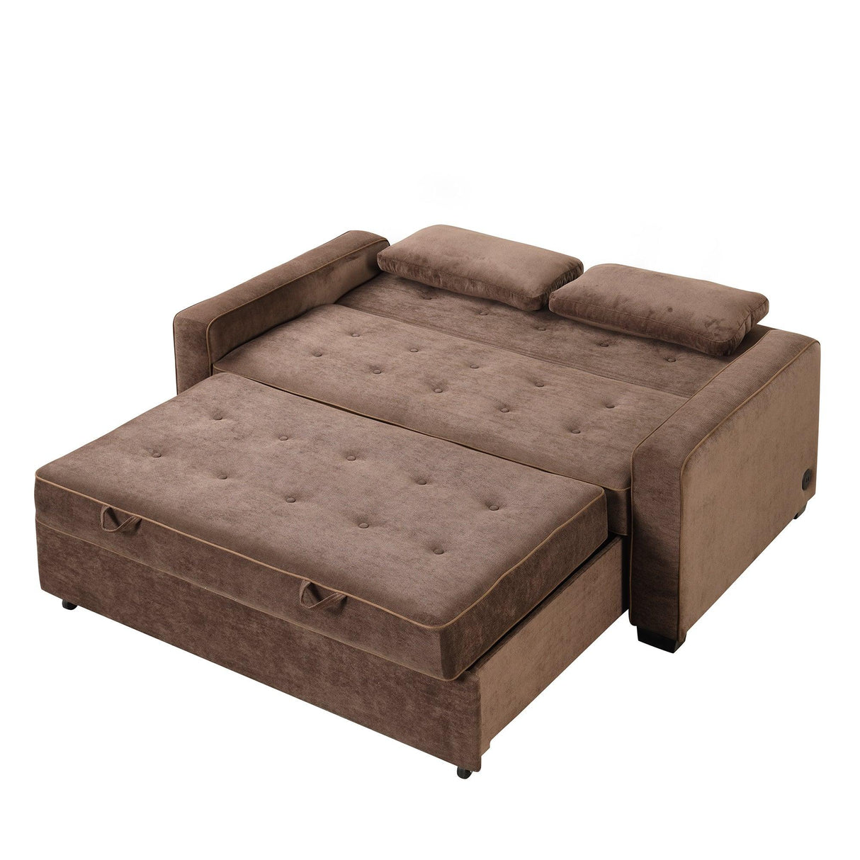 66.5" Upholstered Loveseat With Pull Out Bed, Two Throw Pillows, Dual USB Charging Port and Adjustable Backrest - Brown - Furniture Home Direct