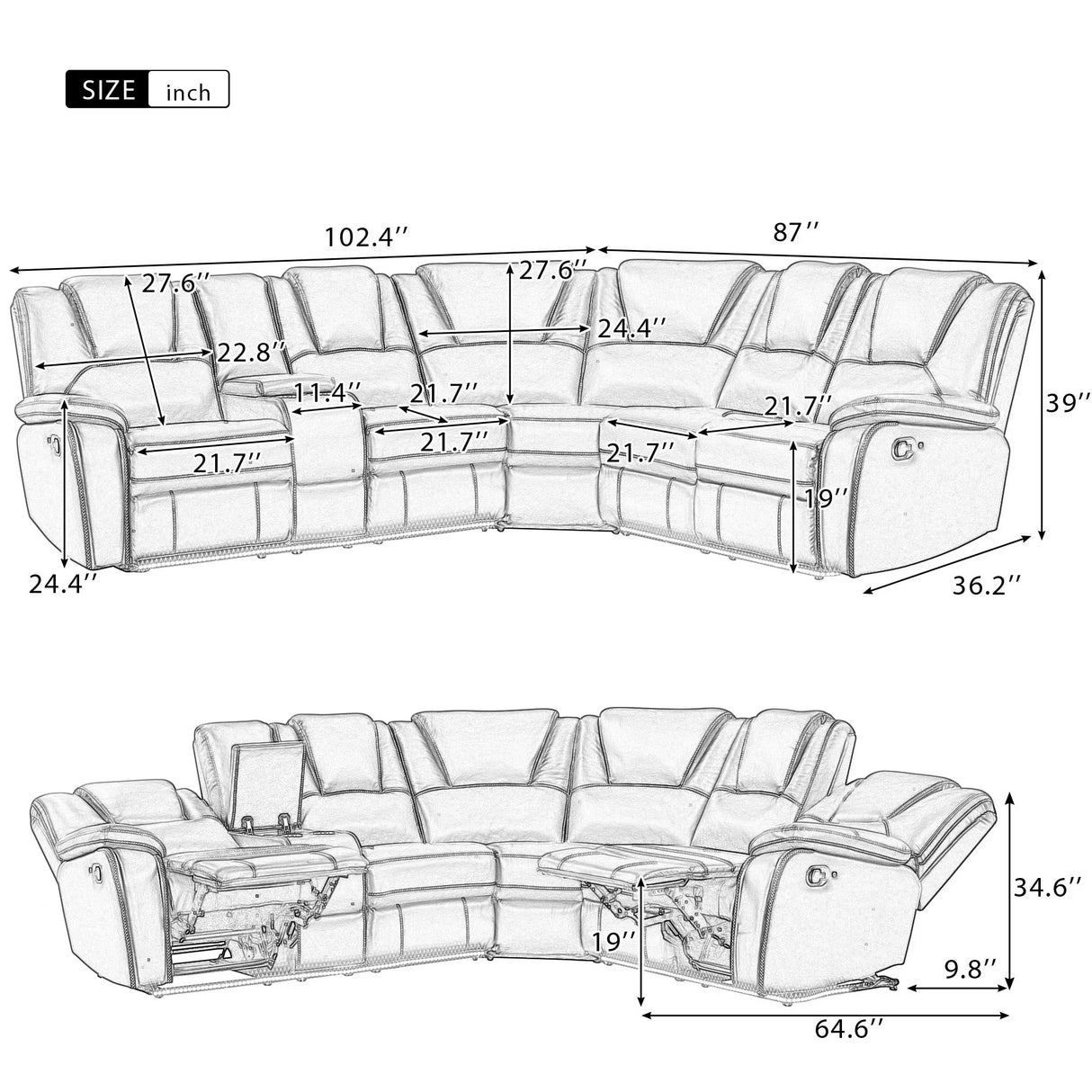Modern Faux Leather Manual Reclining With Center Console And LED Light Strip, Living Room Furniture Set, PU Symmetrical Couch With 2 Cup Holders And Storage For Living Room - Furniture Home Direct