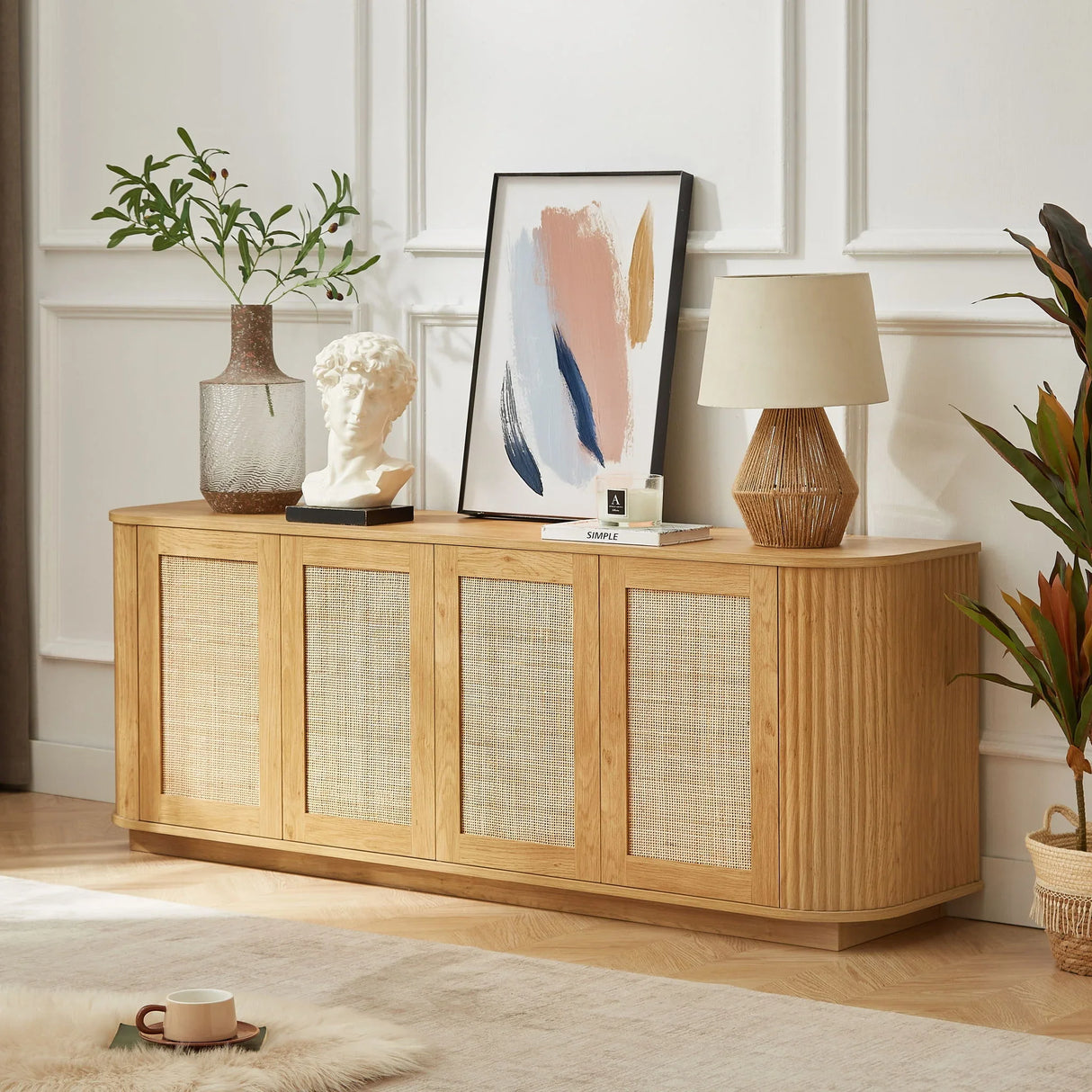 Contemporary Wave Shaped TV Stand With Rattan Doors - Furniture Home Direct