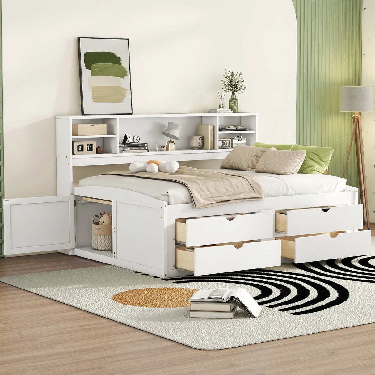 Daybed With 2 Bedside Cabinets, Upper Shelves And 4 Drawers - Furniture Home Direct