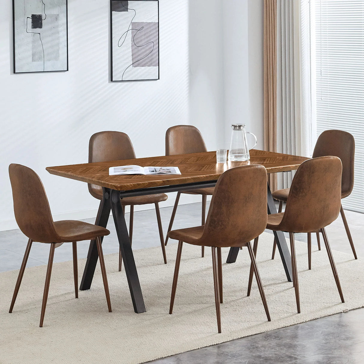 Suede Backrest Chairs With Metal Legs & Herringbone Dining Table Set - Furniture Home Direct