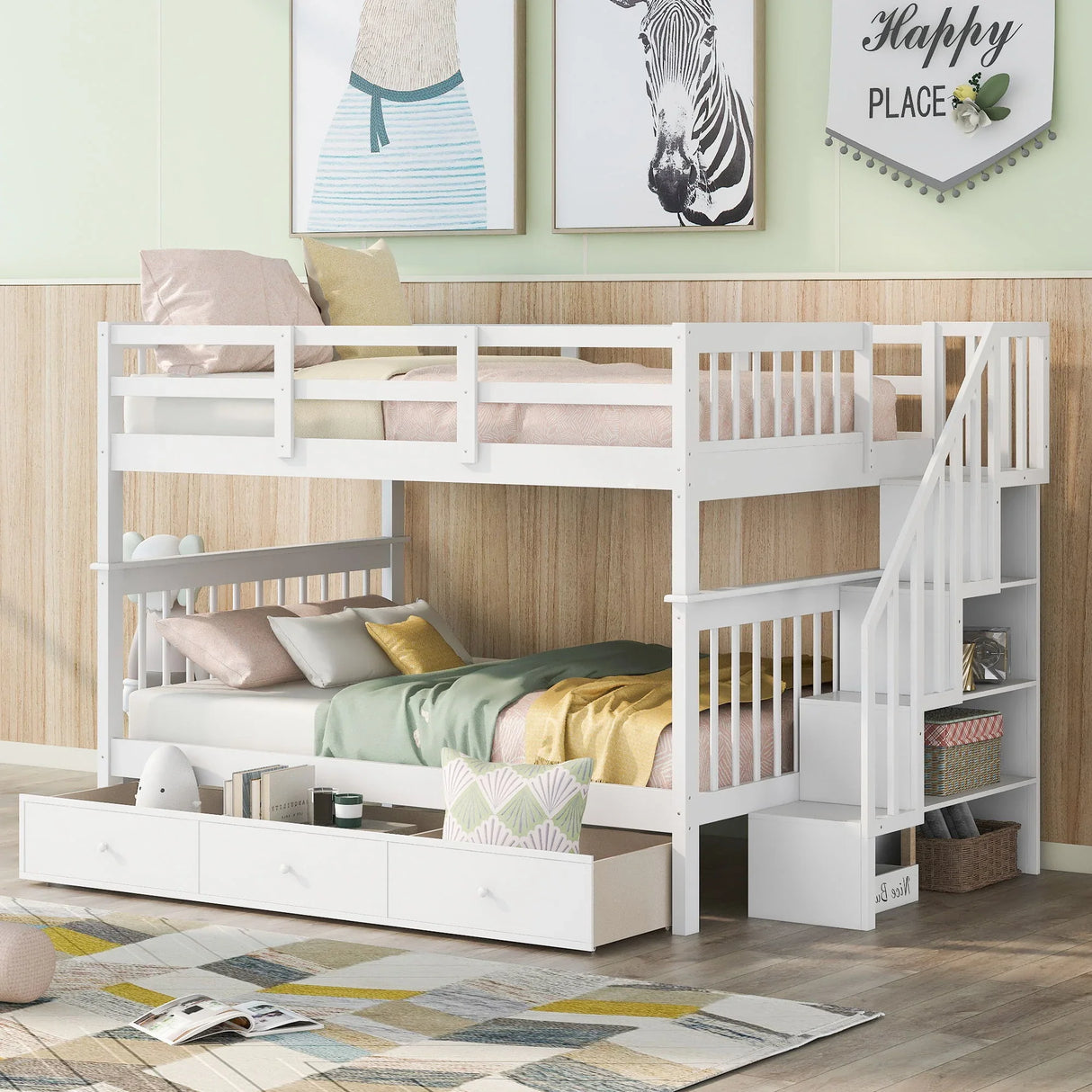 Stairway Bunk Bed With Storage And Guard Rail For Bedroom - Furniture Home Direct