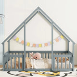 Wood House-Shaped Floor Bed With Fence, Guardrails - Furniture Home Direct