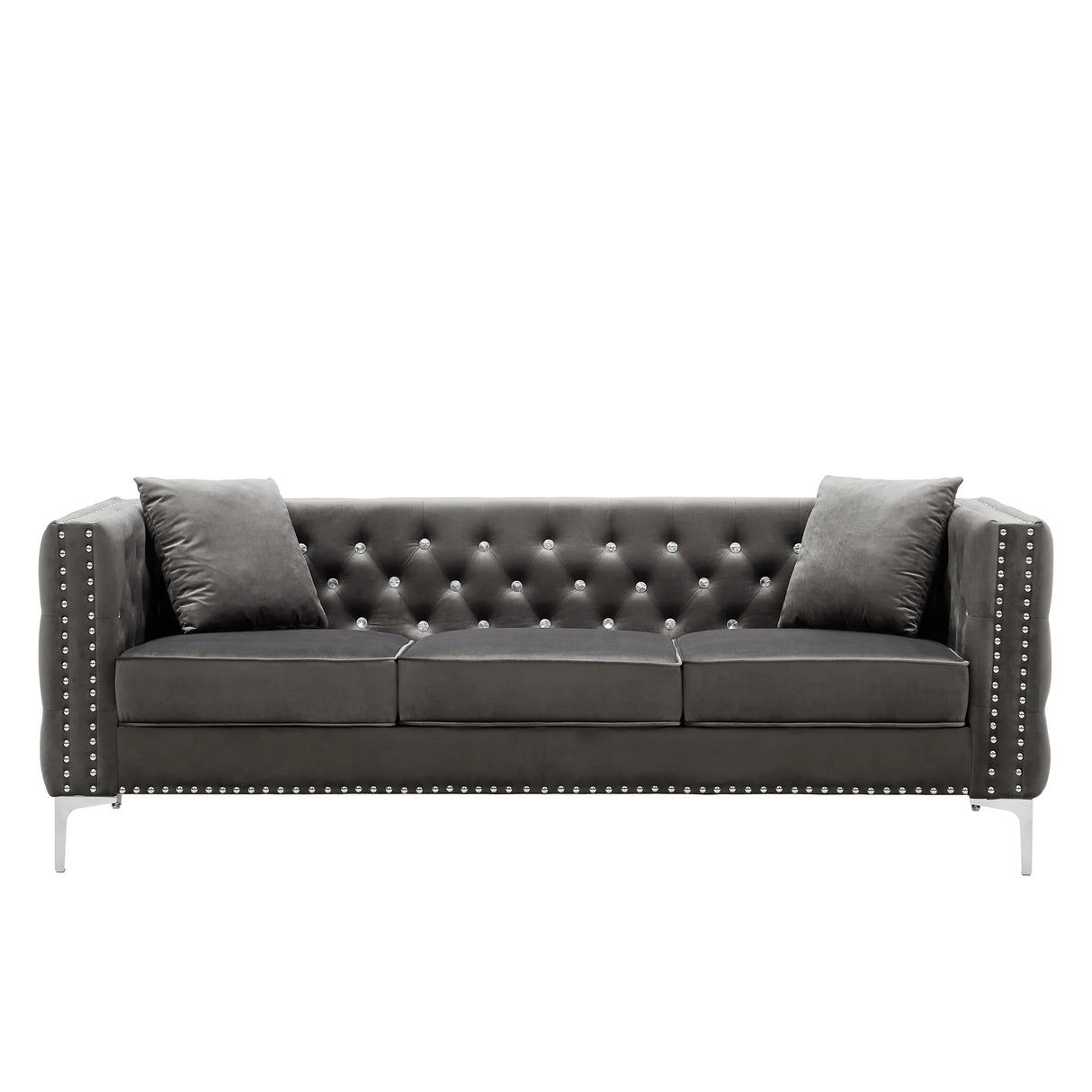 2 Piece Velvet Living Room Set with Sofa and Loveseat and 4 Pillows - Gray - Furniture Home Direct