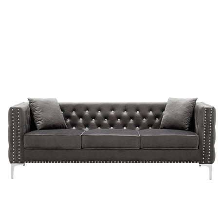 2 Piece Velvet Living Room Set with Sofa and Loveseat and 4 Pillows - Gray - Furniture Home Direct