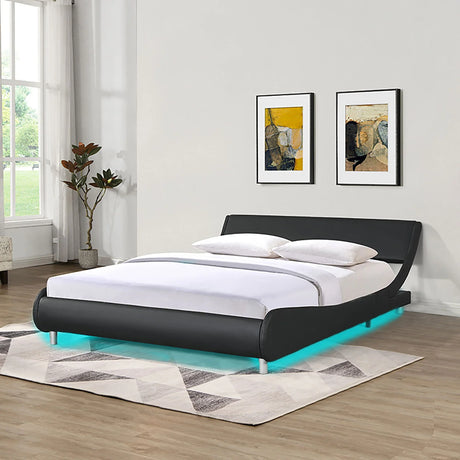 Queen Size Upholstered Platform Bed Frame, LED Lighting With Remote Controller And App, Curve Design, Wood Slat Support, No Box Spring Needed - Black - Furniture Home Direct