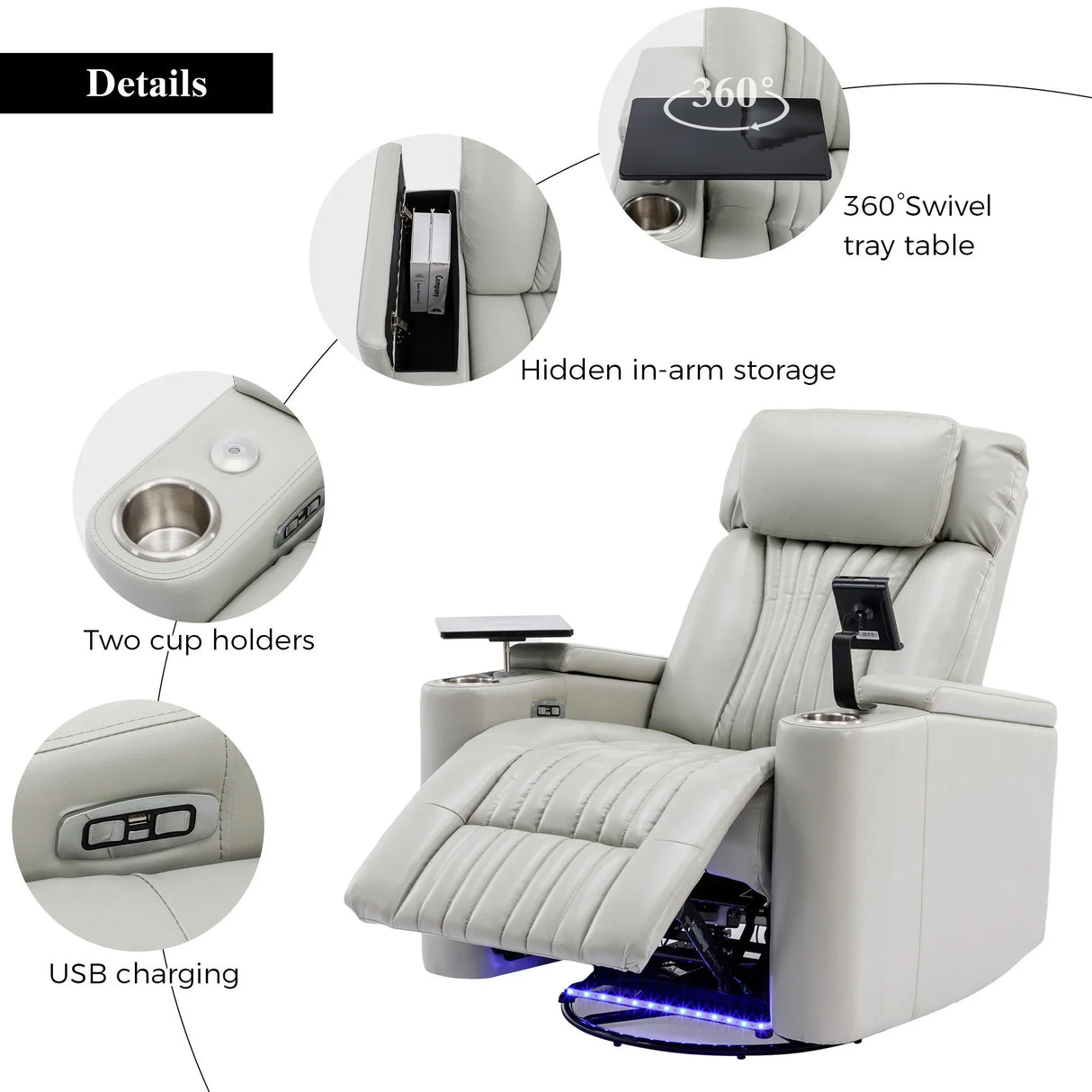 270° Power Swivel Recliner Home Theater Chair With Hidden Arm Storage, LED Light, Cup Holder, And Tray Table - Furniture Home Direct
