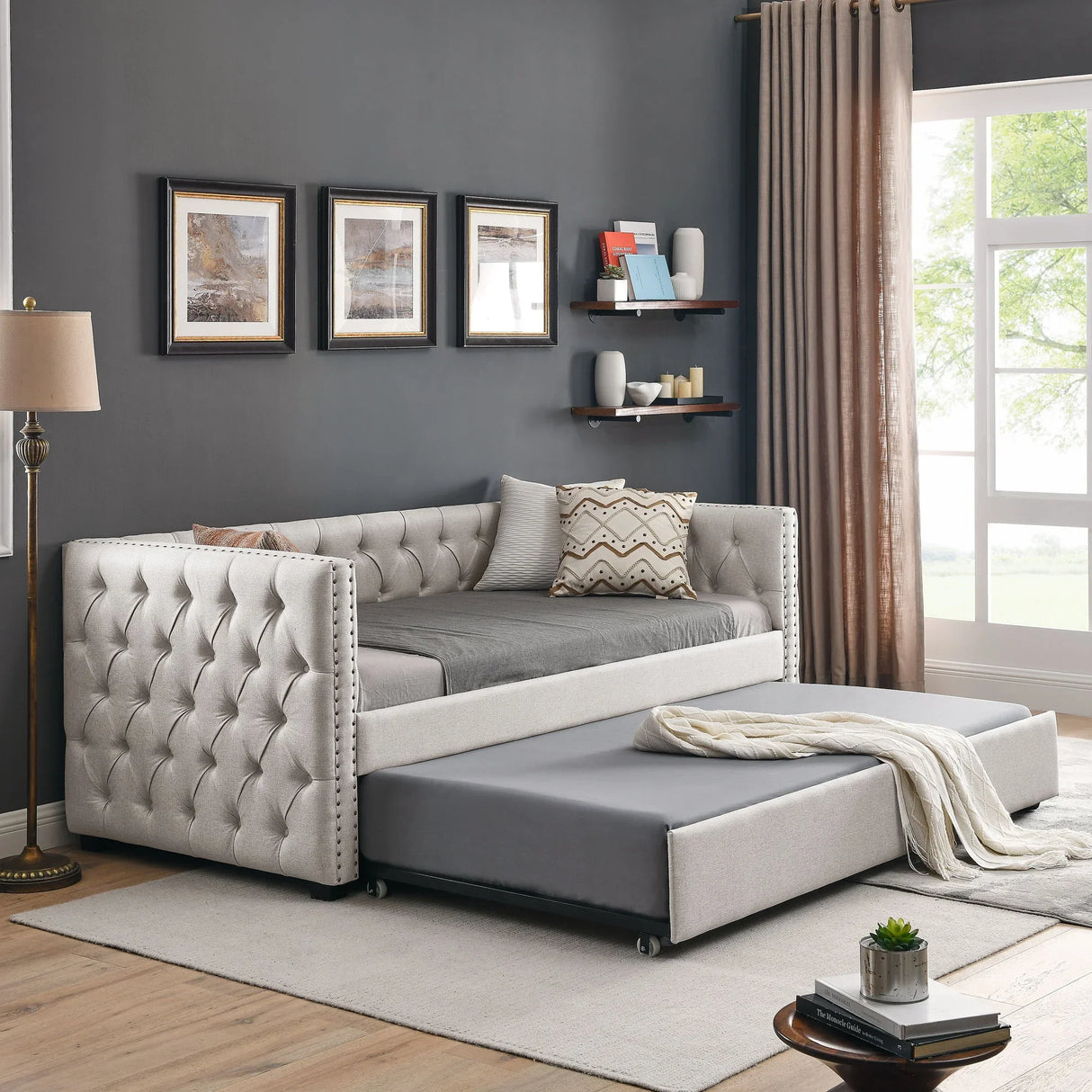 Inspired Upholstered Daybed With Trundle, Button Tufted - Furniture Home Direct