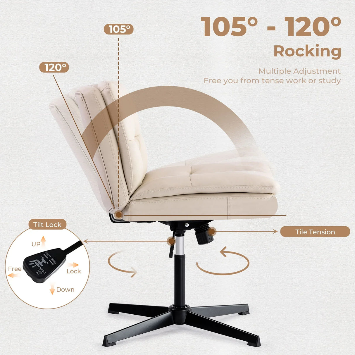 Large Size Armless Home Office Desk Chair Vanity Chair No Wheels - Beige - Furniture Home Direct