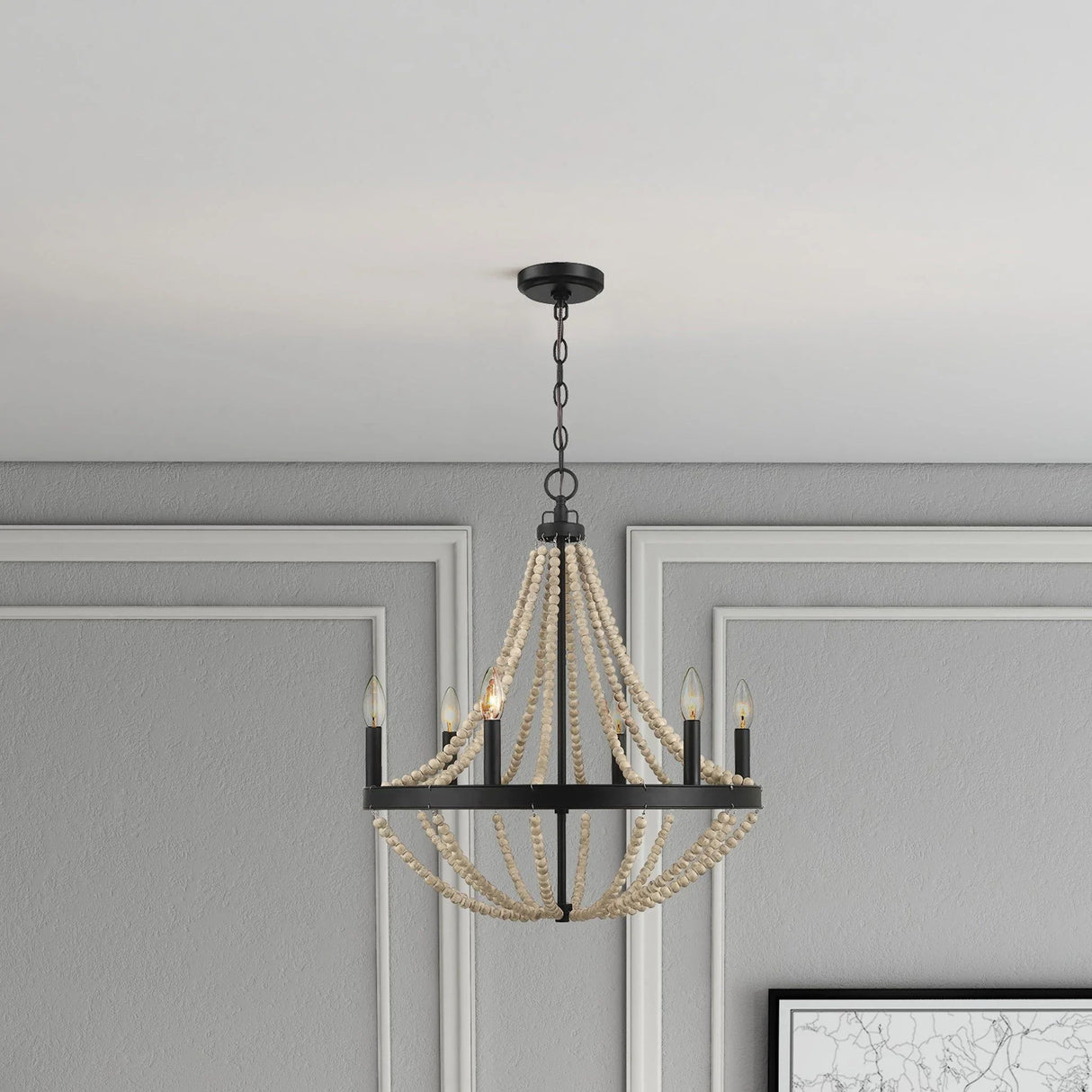 Starry - Chandelier Farmhouse Six Candle Light Wood Beaded Pendant Light For Dining Room - Black / Clear - Furniture Home Direct