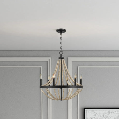 Starry - Chandelier Farmhouse Six Candle Light Wood Beaded Pendant Light For Dining Room - Black / Clear - Furniture Home Direct
