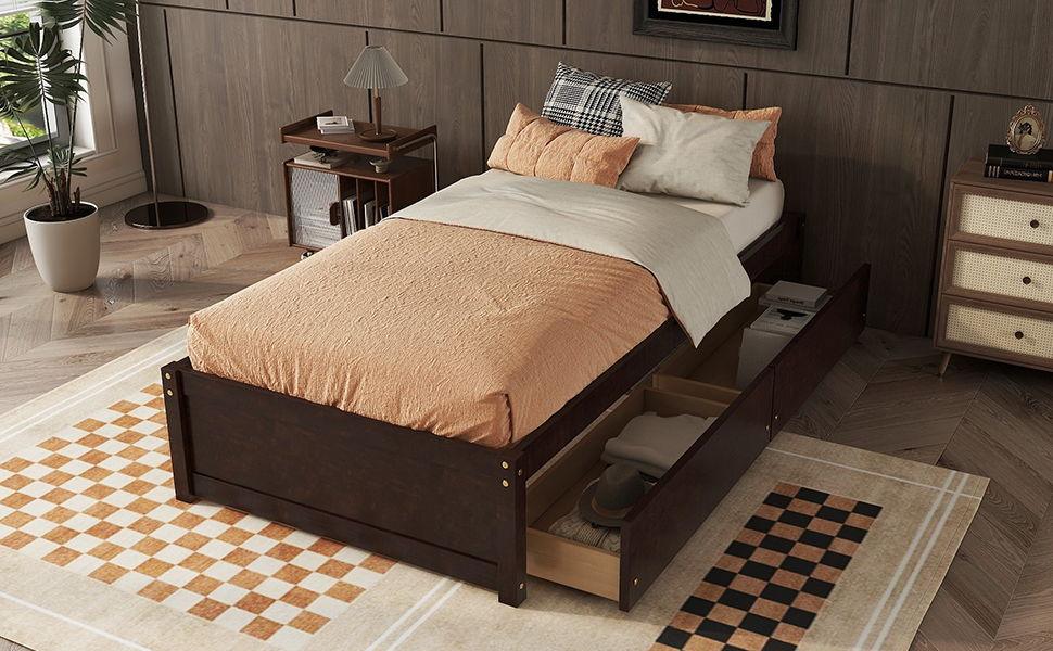 Twin Bed With 2 Drawers, Solid Wood, No Box Spring Needed - Furniture Home Direct