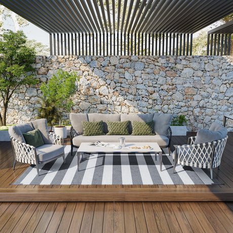 Outsunny - Reversible Outdoor Rug, 9' x 12' Waterproof Plastic Straw Floor Mat, Portable Rv Camping Carpet With Carry Bag, Large Floor Mat For Backyard, Deck, Picnic, Beach - Gray & White Striped - Furniture Home Direct