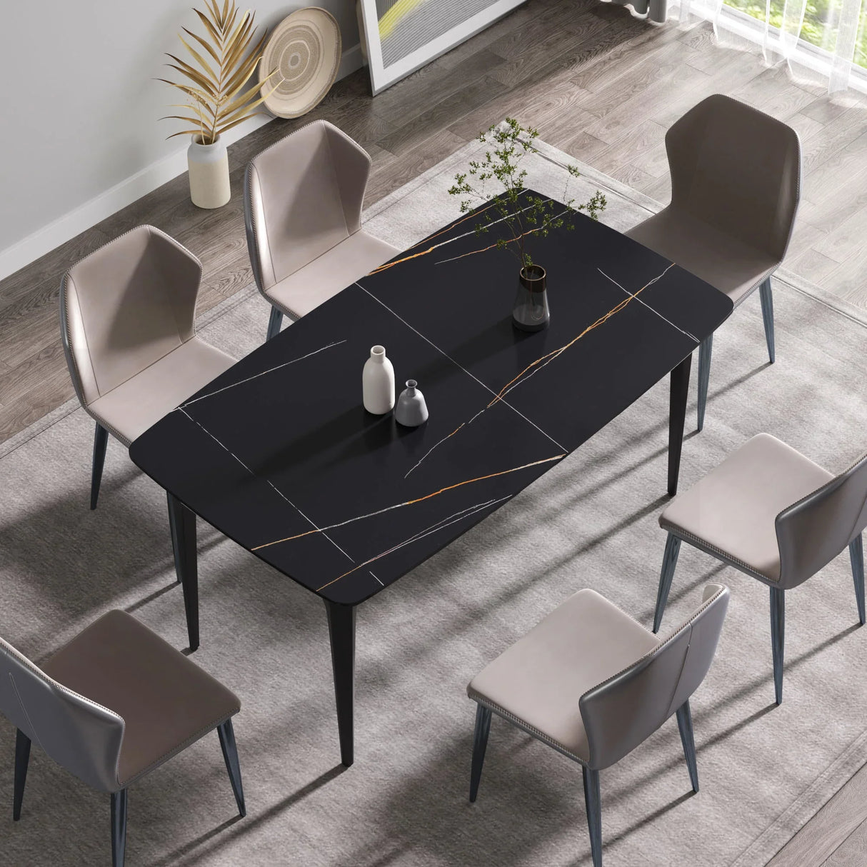 63" Artificial Stone Black Curved Black Metal Leg Dining Table, 6 People - Black - Furniture Home Direct