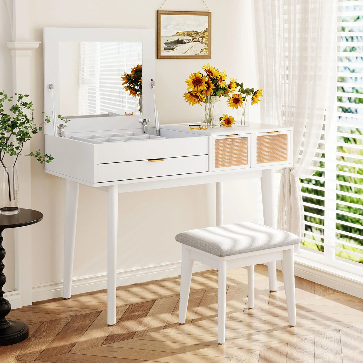 Classic Wood Makeup Vanity Set With Flip-Top Mirror And Stool, Dressing Table With Three Drawers And Storage Space - Furniture Home Direct