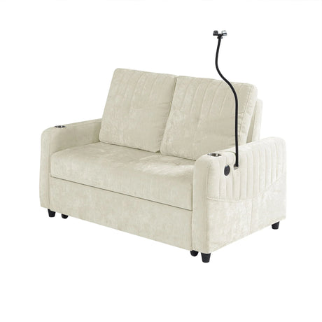 Modern Loveseat Pull Out Sofa Bed With Adjustable Backrest, Two Cup Holders, A Phone Holder, Three Charging Ports And Side Storage Pockets For Living Room - Furniture Home Direct