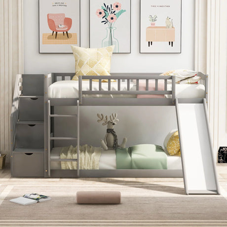 Twin Over Twin Bunk Stairway Bed With 2 Drawers And Slide - Gray - Furniture Home Direct