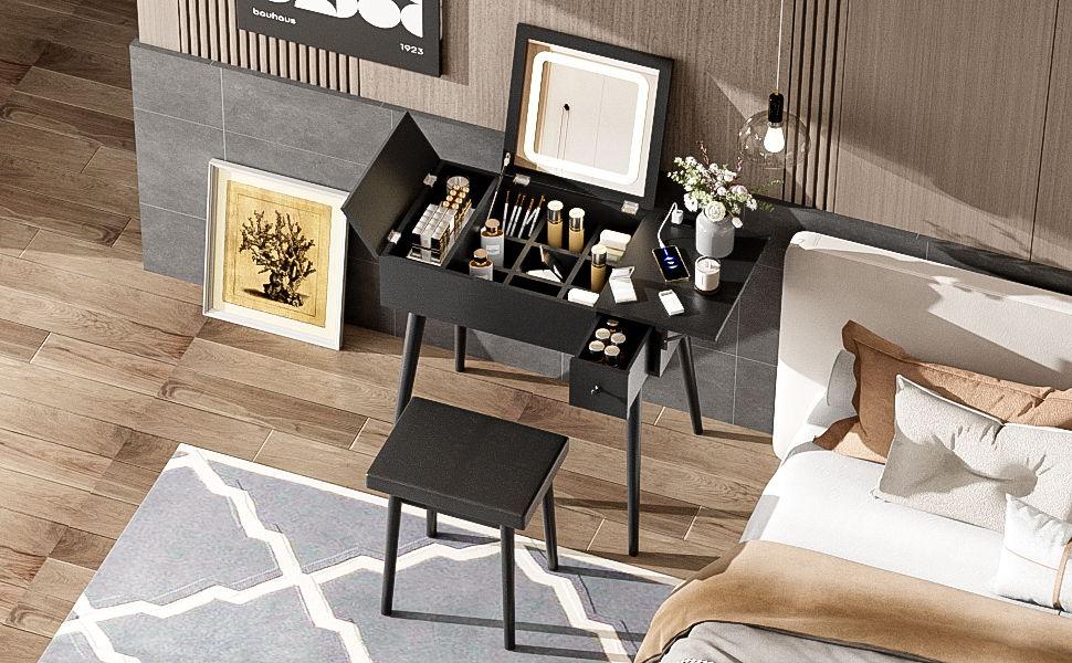 Makeup Vanity Desk With Flip Top Mirror And LED Light, Dressing Table With Charging Station, 2 Drawers And Fold Up Panel, Vanity Set With Cushioned Stool For Bedroom - Black - Furniture Home Direct