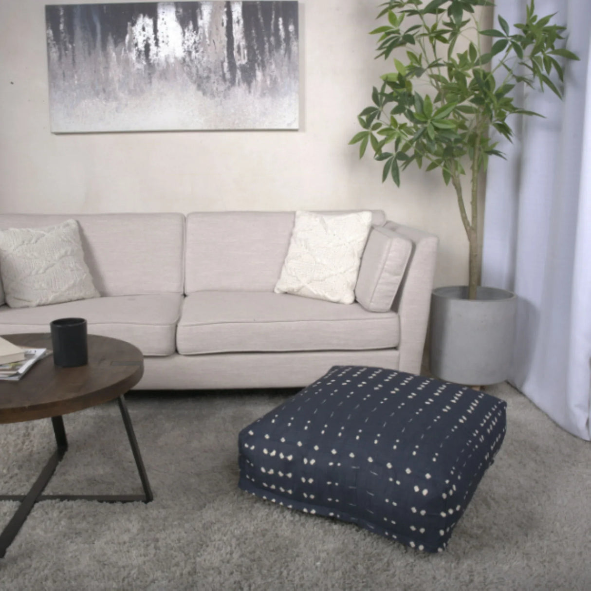 Dalm - Fabric Square Pouf Ottoman With Polystyrene Beads Filling - Dark Blue / White - Furniture Home Direct