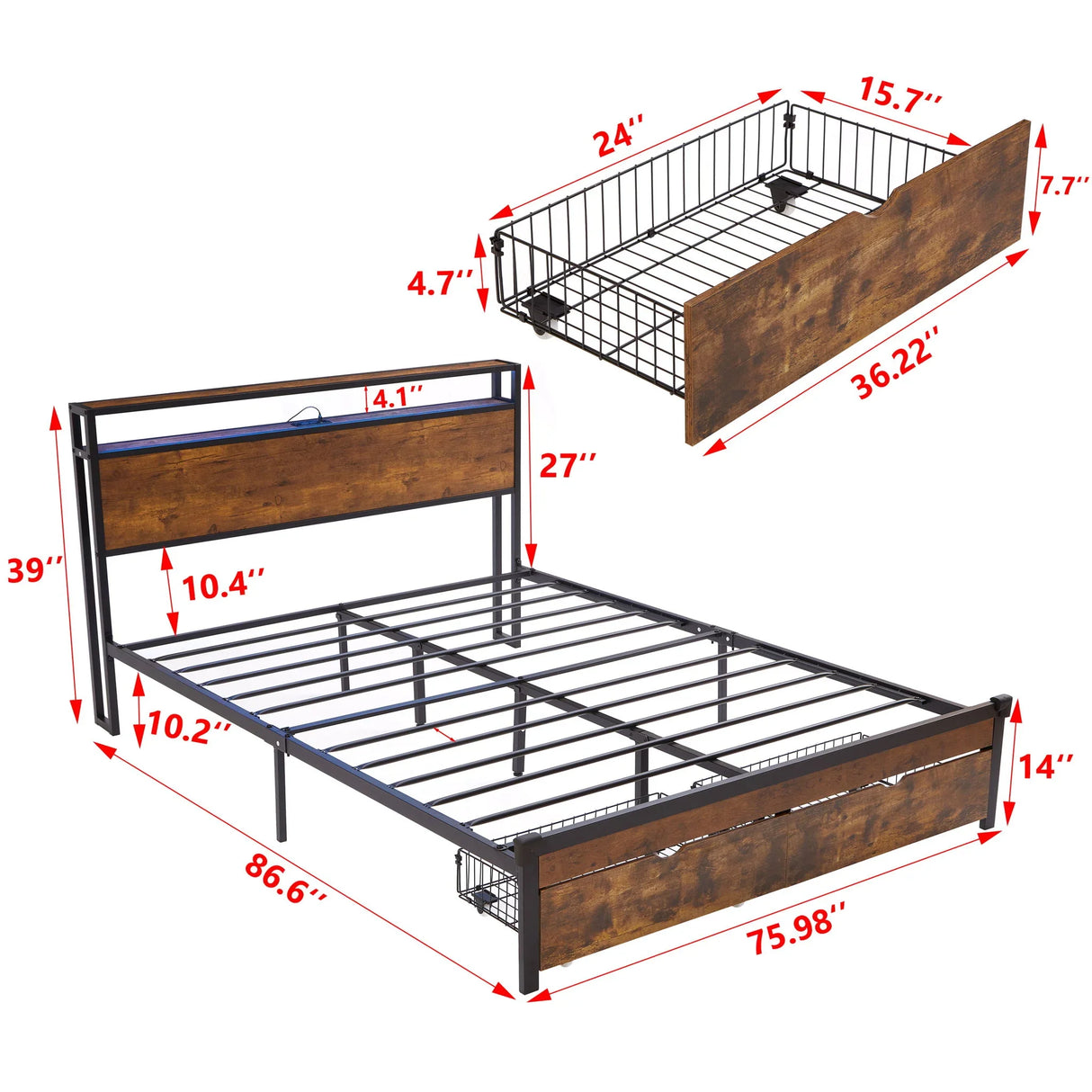 Modern Metal Platform Bed Frame With Wooden Headboard, USB Charging, LED Lights, And Storage - Furniture Home Direct