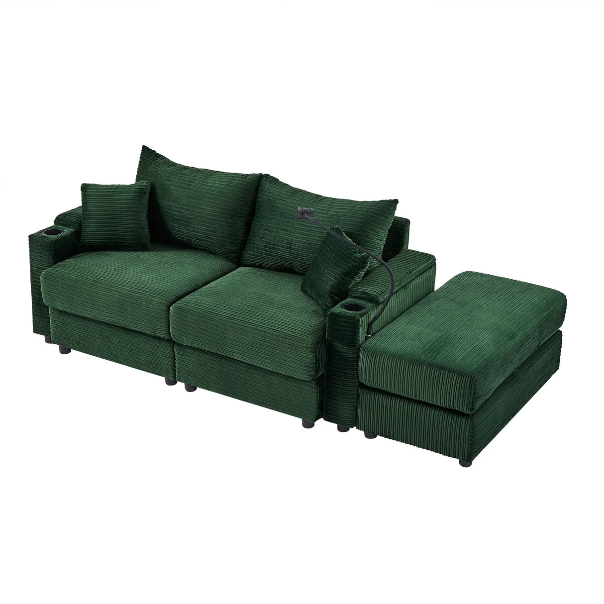 Sofa and Ottoman With Storage, Two USB Ports, Two Cup Holders and Phone Holder - Green - Furniture Home Direct