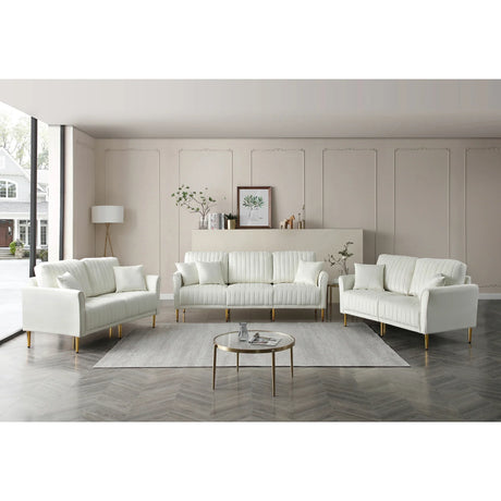 Modern Upholstered Living Room Set Containing One Sofa and Two Love Seats - Cream Velvet - Furniture Home Direct